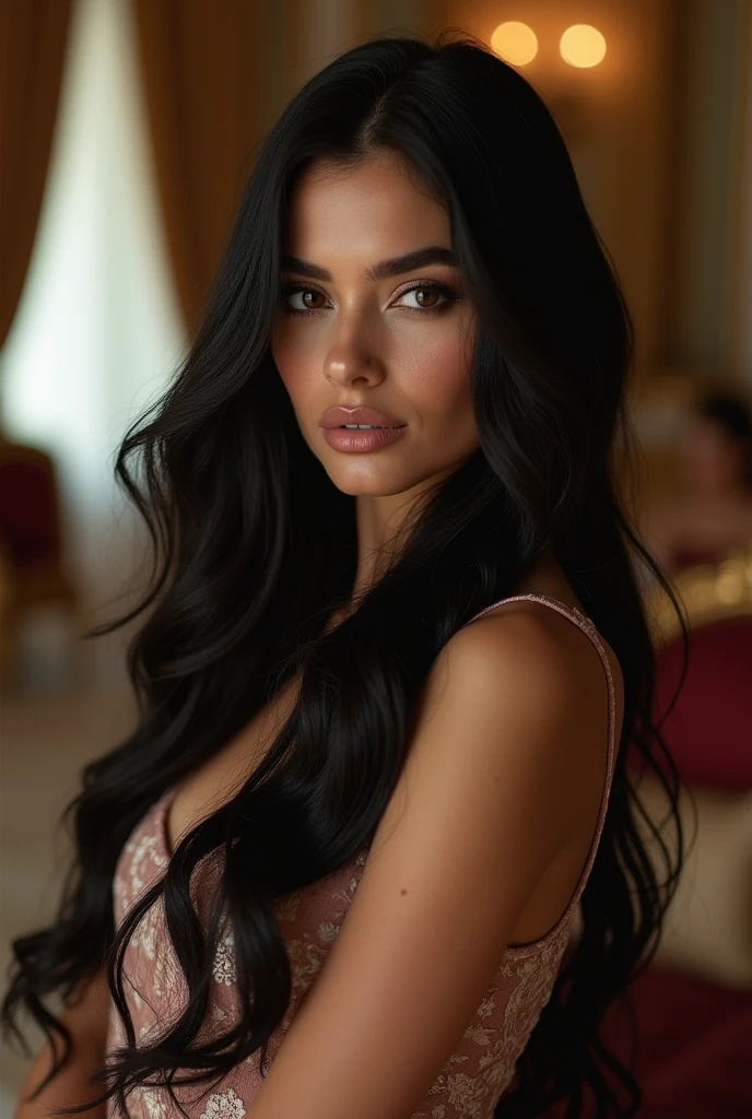 Photo shoot of a brunette woman with long black hair in a luxurious place with lights that highlight her beauty.