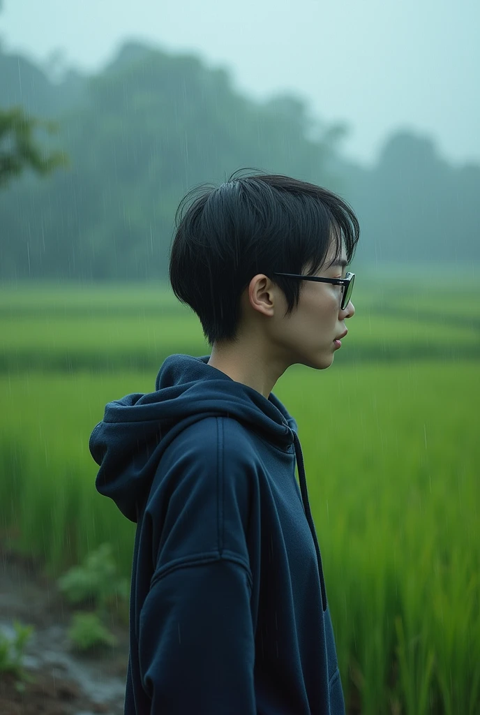 (Realistic) Realistic图像 (asian woman), (slim figure), (short hair), (White skin), (black eyes), Wearing a dark blue hoodie, Walking in the pouring rain (serious face), (wear glasses), capture one (Kodachrome film style), have (grainy texture), Surrounded by picturesque scenery (Vast rice fields) In dramatic weather, Atmospheric, bright colors, natural lighting, Emotional atmosphere.