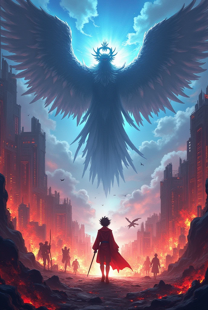 Create a novel cover set in a world where humans are fighting demons., humans with their advanced technology and demons with their magic, but it turns out they were set against each other by a sky angel with the main character named Arka, a young general from the human race.. art Anime style