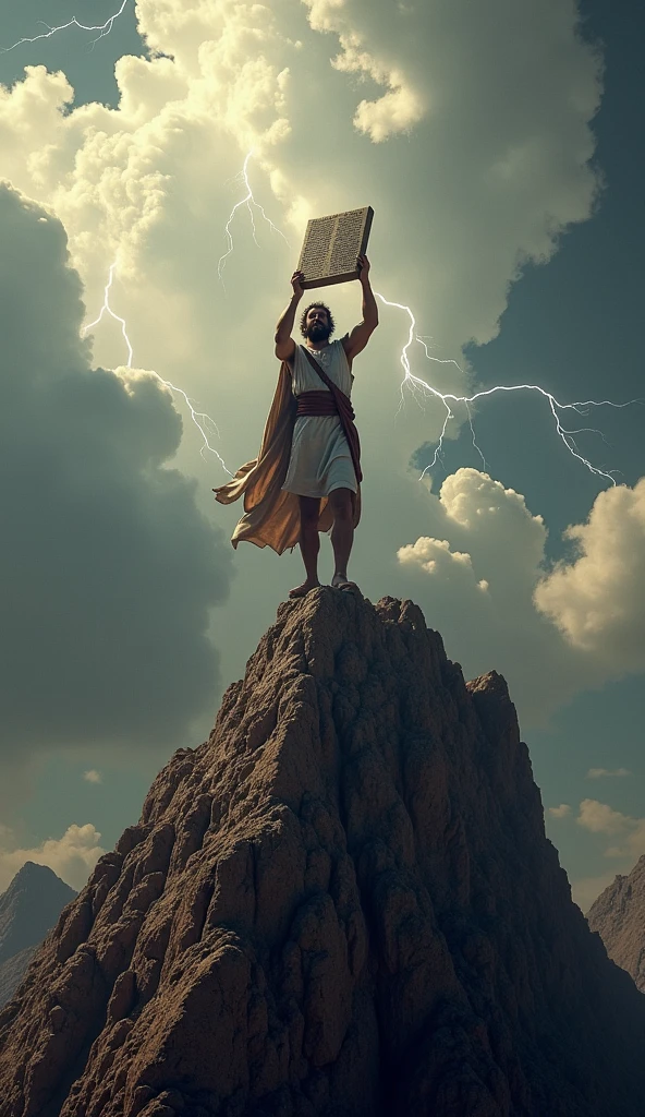 Moses on Mount Sinai Show Moses on top of Mount Sinai, holding the tablets of the Law with the laws written on them. The scenery must be majestic, with clouds and lightning, Indicating the Divine Presence. Moses must have an expression of concern and anger as he looks down..