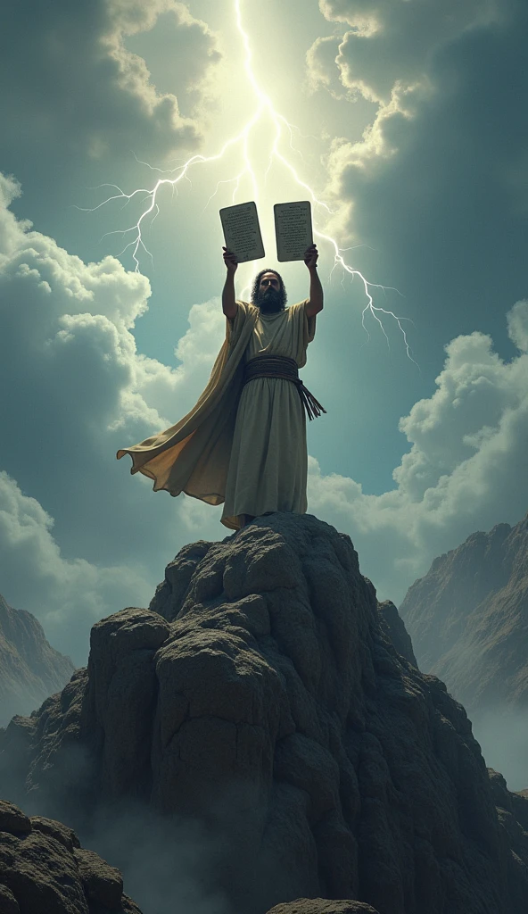Moses on Mount Sinai Show Moses on top of Mount Sinai, holding the tablets of the Law with the laws written on them. The scenery must be majestic, with clouds and lightning, Indicating the Divine Presence. Moses must have an expression of concern and anger as he looks down..