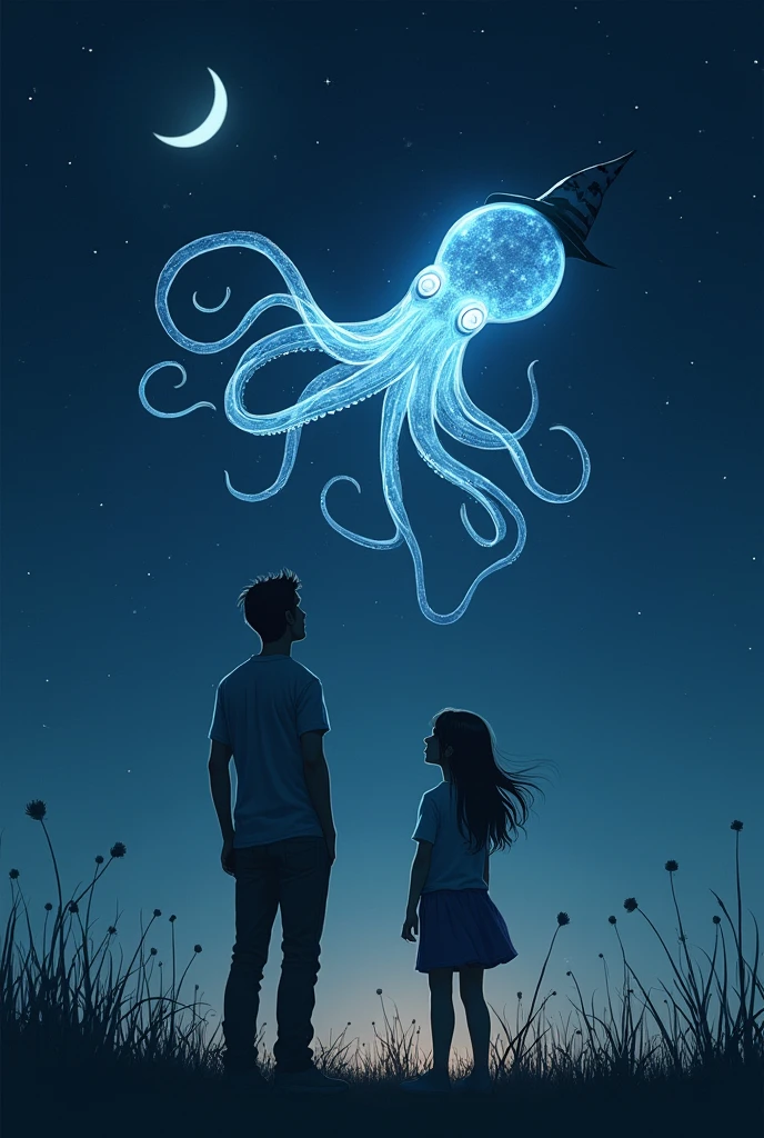 Two people look up at the sky at night and see a transparent octopus with a hat next to the sickle
