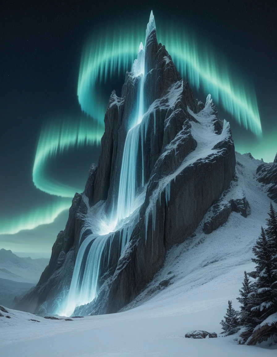 a gigantic icy arctic cliff, night, dnd, fantasy, epic, (gigantic), made of ice, cold atmosphere, dramatic lighting, detailed textures, intricate ice formations, dramatic shadows, glowing aurora borealis, ethereal mist, moody colors, cinematic composition, awe-inspiring scale, photorealistic, 8k, hyper detailed