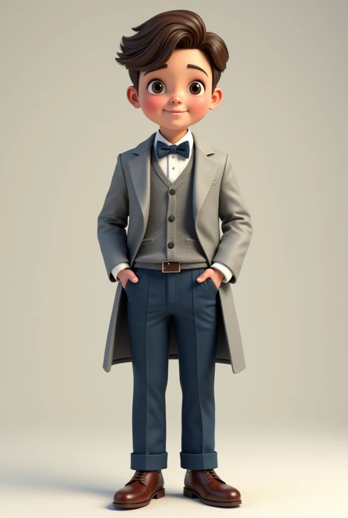 Real boy in steel blue drill pants, with grey sweater, White shirt, light grey coat and brown shoes with bow tie (elegant)