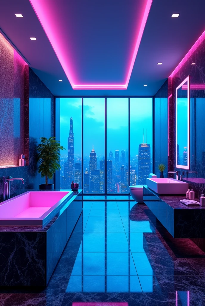 futuristic modern bathroom, neon lights, huge room,  futuristic, wide room, blue and purple neon lights, huge modern bathtub,  huge window, futuristic view, night view, dark marble, night room, modern bathroom sink, modern toilet, waterfall shower corner

