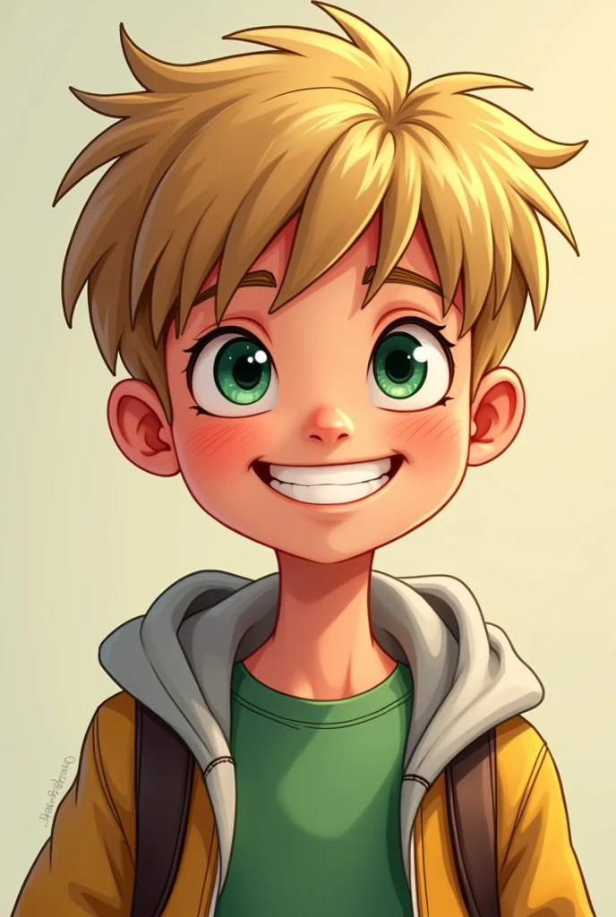 male character with dark blonde hair,fair skin, dark green eyes, slightly crooked teeth and a green shirt with a sweatshirt on top.cartoon style