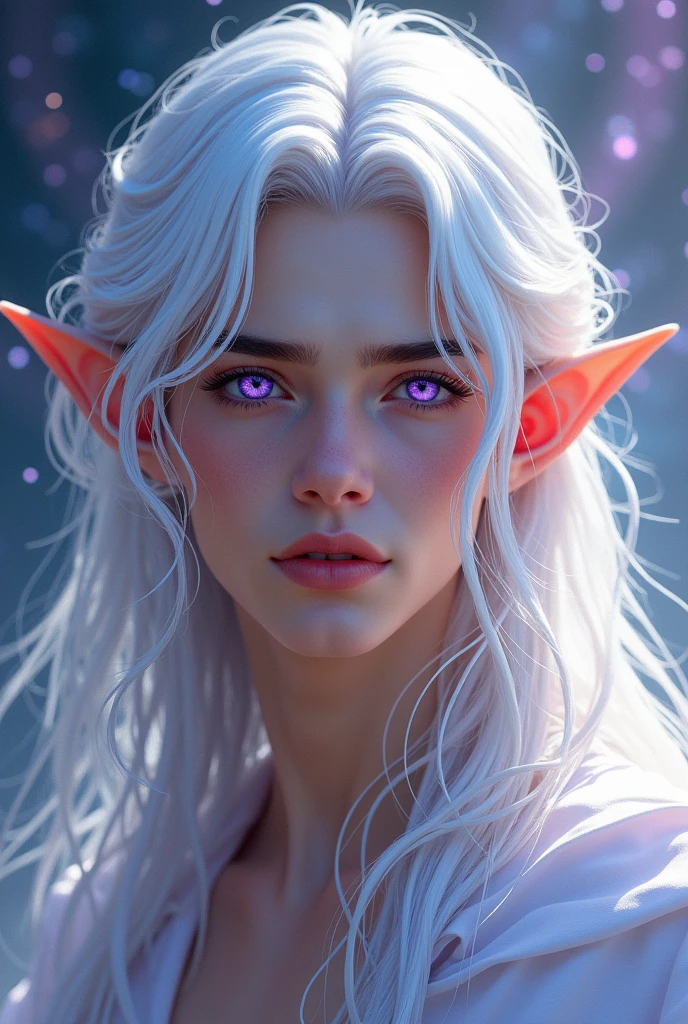 A very handsome divine man with long white hair and purple eyes, a young face, elf ears