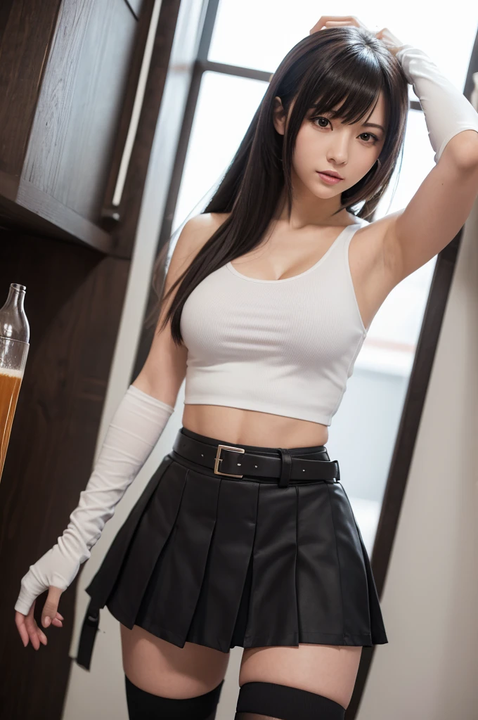 Izayoi Seishin artstyle, (score_9, score_8_up, score_7_up), (best quality, masterpiece),perfect anatomy,(aesthetic,very aesthetic),official style, (ultra-high resolution), 1girl, tifa lockhart, final fantasy,(beautiful woman).tareme, black hair, low-tied long hair, red eyes, bangs, white tank top,gap, belt, pleated skirt, thighhighs, elbow fingerless gloves, elbow pads, midriff, navel,suspender skirt.zettai ryouiki ,(front view),straight-on,(large_breasts:1.2),独奏,mediumshot,looking_at_viewer,contrasted, vibrant, joyful,cafe and bar, ,Framin,(,tanktop lift),Completely naked