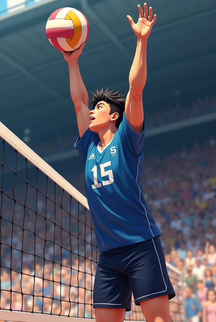 Volleyball player, man, black hair , wearing a blue jersey with the number 15 on the front on the left chest . The player attacks the ball in position 3 with his arm extended and going well beyond the height of the volleyball net in front of him.. . At the bottom, There is a crowd