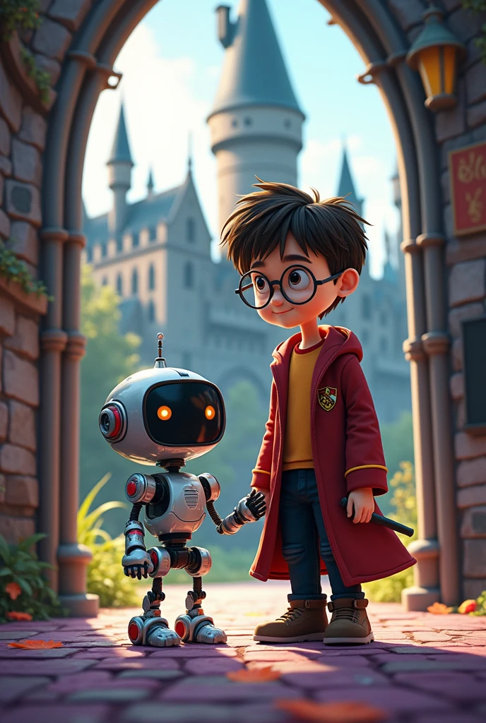 Robot and Harry Potter together standing opposite to Hogwarts school in a colourful background robot should be like toby
Also robot should be shorter than Harry Potter