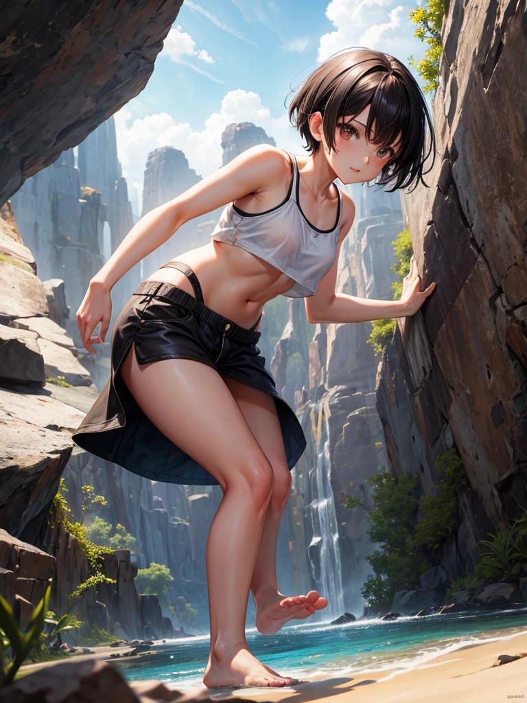 Front view, barefoot, croptop, short black hair, blue eyes