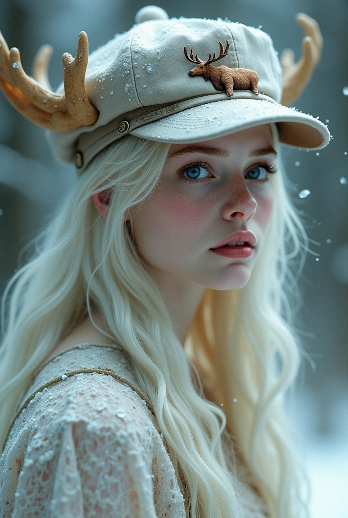 A very pale-skinned girl with ice-blue eyes and very light blond hair as thin as raspberries comes from Canada and always wears a peaked cap with a moose design.