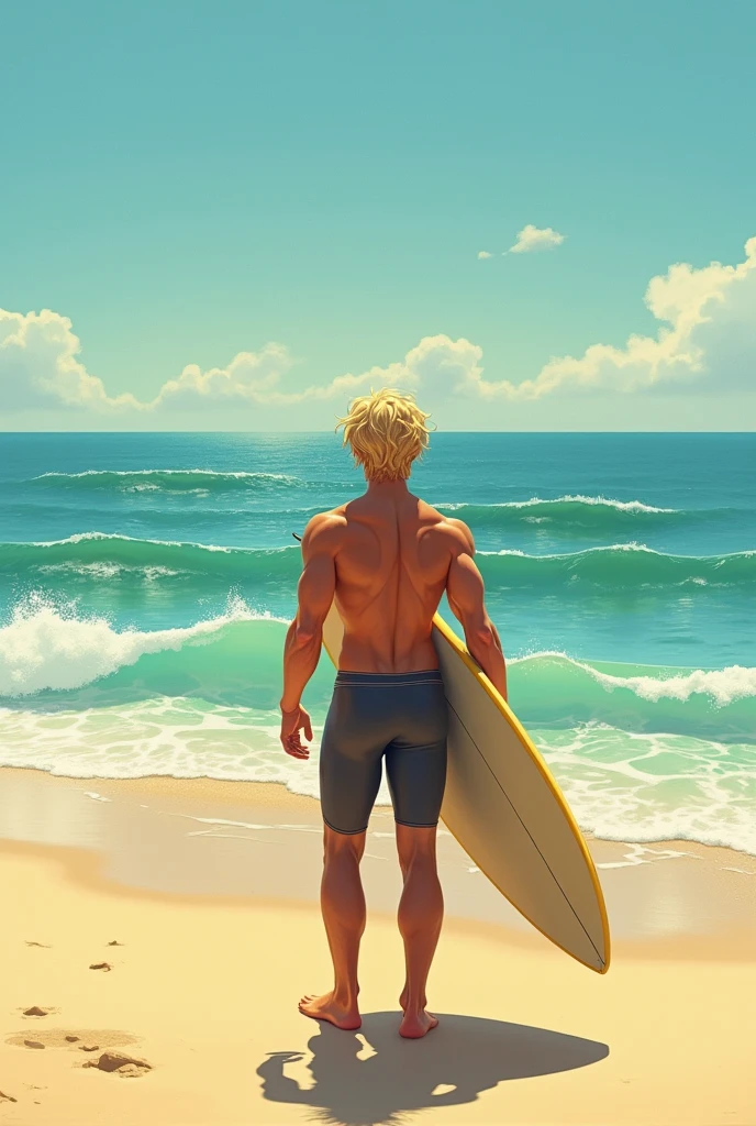 a blond man on the beach holding a surfboard and reciting a poem 