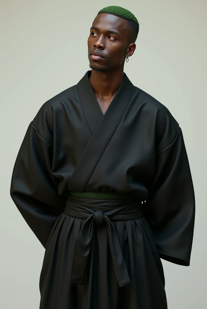 A light-skinned black man, gradient haircut, with hands behind her back wearing a black Japanese robe with green details. With a height of 1m and 84cm with broad shoulders

