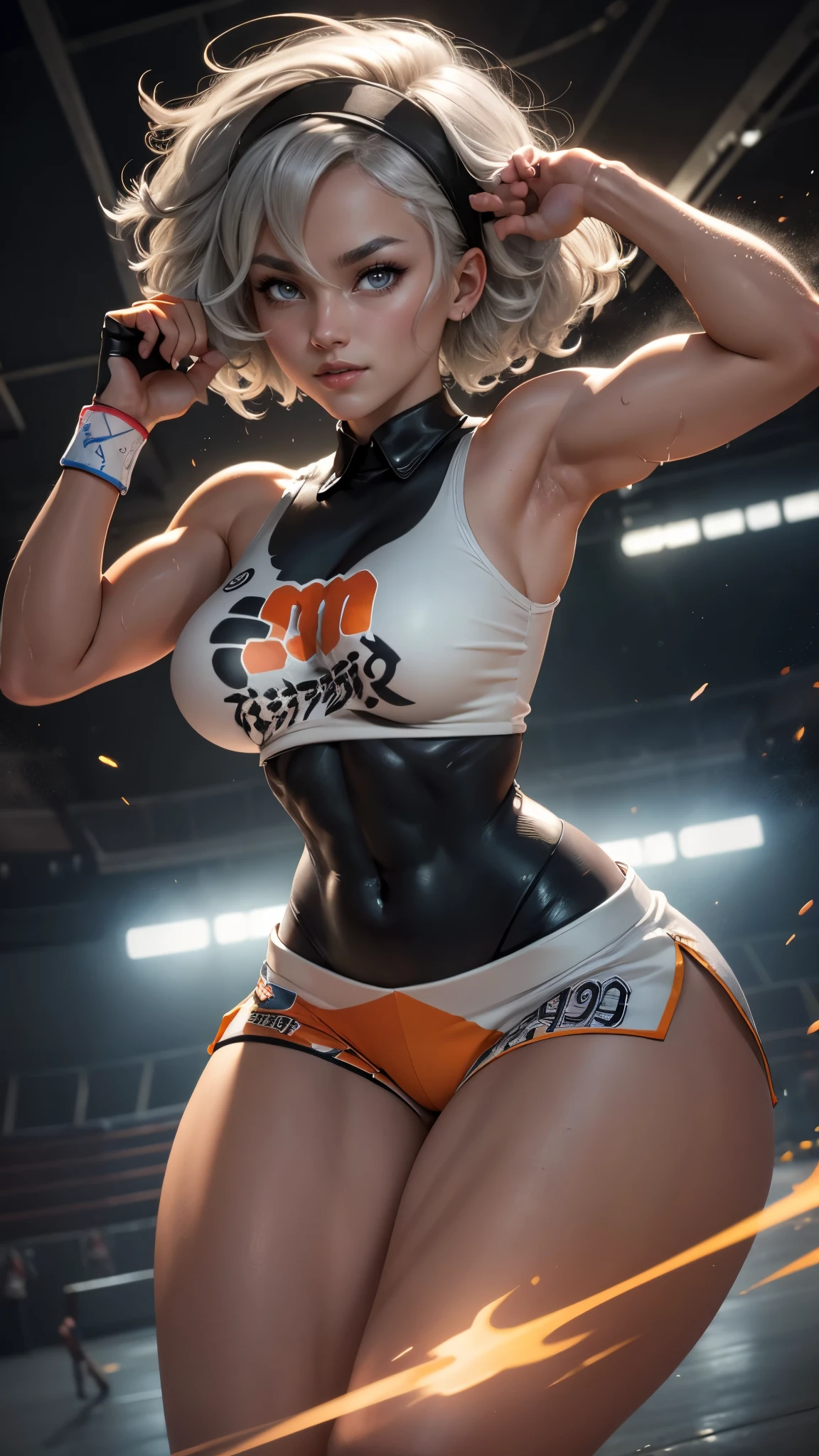 Bea da pokemon,(best qualityer,4K,8k,high resolution, work of art:1.2)(weather: windy), sport stadium background, short curly hair, gray hair, cropped shirt, micro shorts, thigh high stockings, headband, gloves, leotard, nipples, ultra detailed, realistic, beautiful detailed gray eyes, beautiful detailed lips, extremely detailed eye and face, long eyelashes, average, large breasts, flying hair, beaming smile, powerful girl in a combat, karate stance, wet body, bright coloured, dramatic lighting,