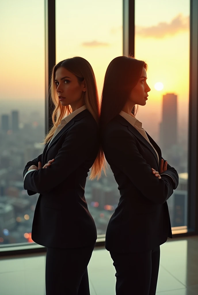 Businesswoman and businesswoman, back-to-back stance, confidence exuding from their posture, set against the backdrop of a modern office with expansive windows showcasing the city skyline, ambient light from the setting sun casting a warm glow over the scene, high-contrast shadows accentuating the crisp lines of their tailored suits, Royal Military Tailored Suit with a matte finish, interplay of soft and sharp focus, digital photography, a
