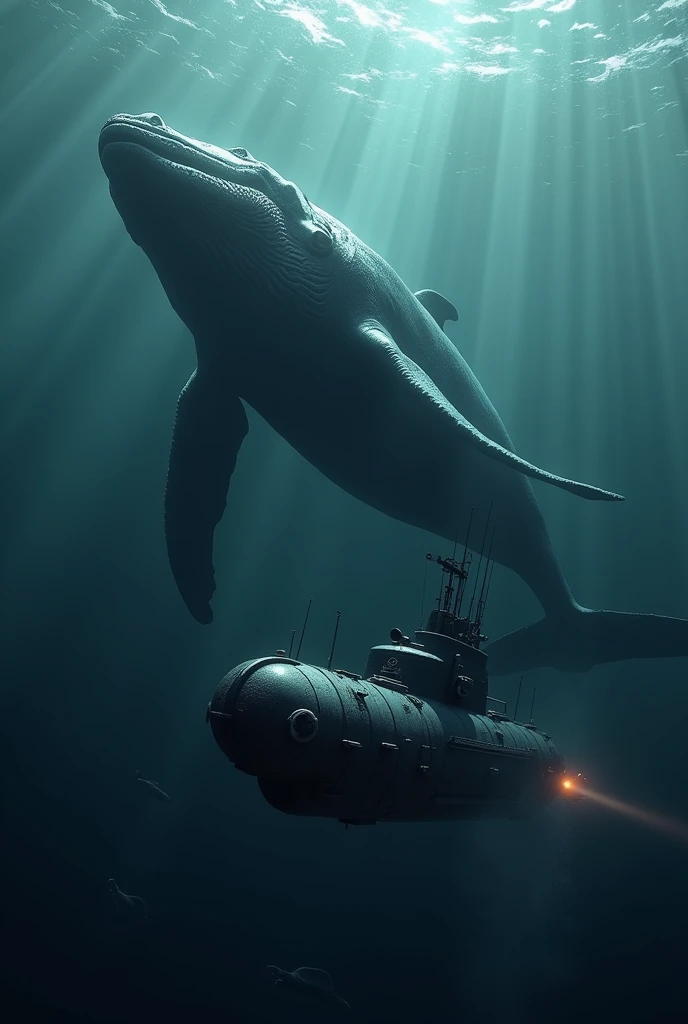 Whale in the depths of the sea with detailed submarine approaching it, The submarine is trying to escape in self-defense.