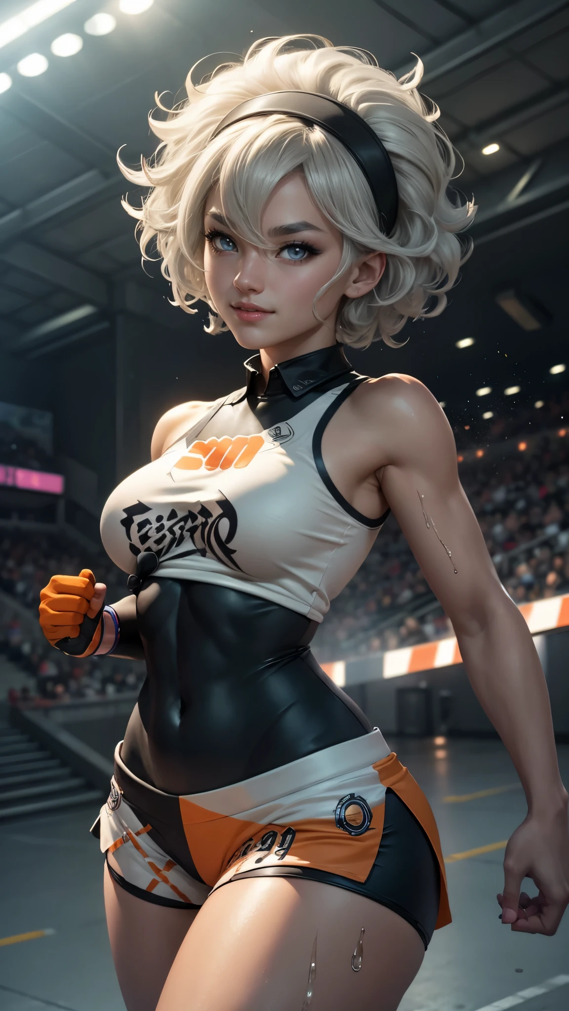 Bea da pokemon,(best qualityer,4K,8k,high resolution, work of art:1.2)(weather: windy), sport stadium background, short curly hair, gray hair, cropped shirt, micro shorts, thigh high stockings, headband, gloves, leotard, nipples, ultra detailed, realistic, beautiful detailed gray eyes, beautiful detailed lips, extremely detailed eye and face, long eyelashes, average, large breasts, flying hair, beaming smile, powerful girl in a combat, karate stance, wet body, bright coloured, dramatic lighting,