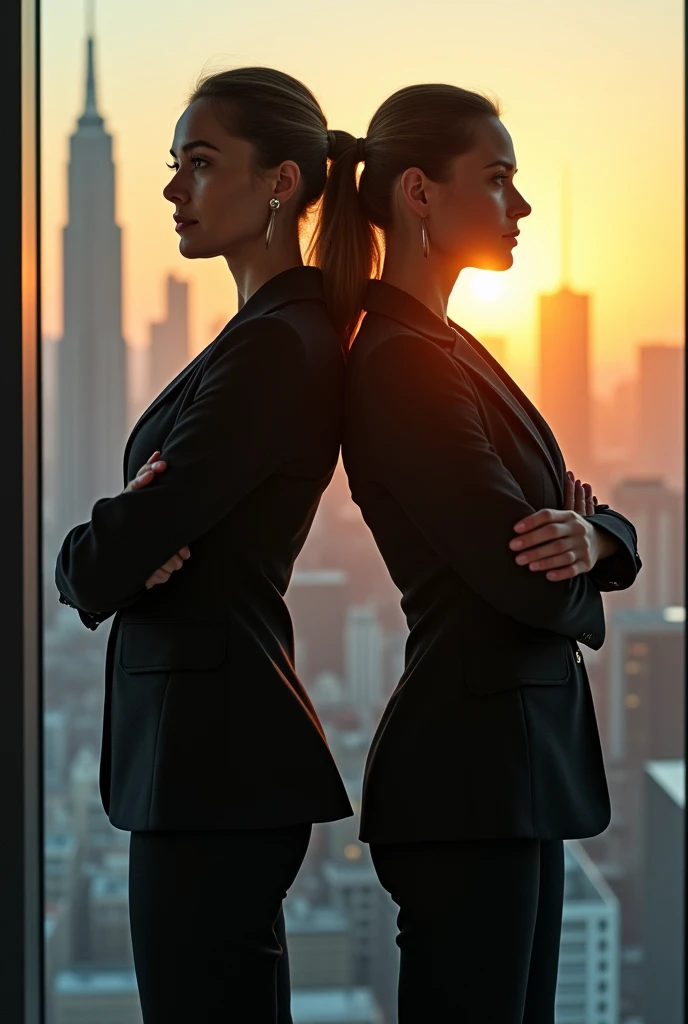 Businesswoman and businesswoman, back-to-back stance, confidence exuding from their posture, set against the backdrop of a modern office with expansive windows showcasing the city skyline, ambient light from the setting sun casting a warm glow over the scene, high-contrast shadows accentuating the crisp lines of their tailored suits, Royal Military Tailored Suit with a matte finish, interplay of soft and sharp focus, digital photography, a