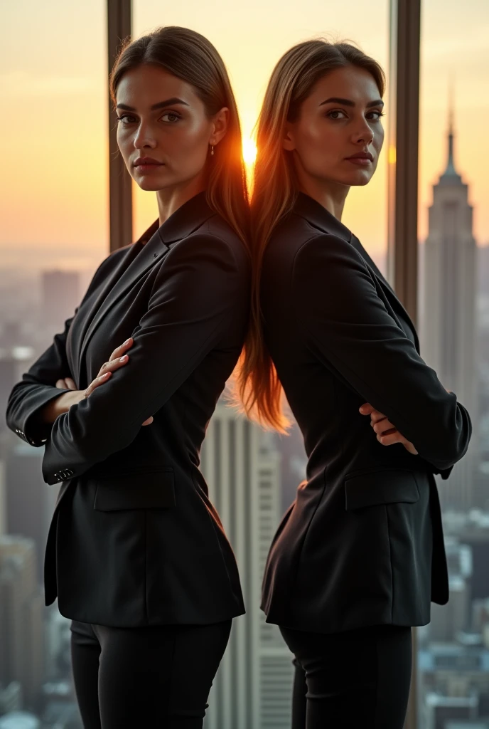 Businesswoman and businesswoman, back-to-back stance, confidence exuding from their posture, set against the backdrop of a modern office with expansive windows showcasing the city skyline, ambient light from the setting sun casting a warm glow over the scene, high-contrast shadows accentuating the crisp lines of their tailored suits, Royal Military Tailored Suit with a matte finish, interplay of soft and sharp focus, digital photography, a