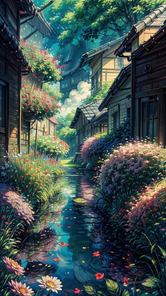 Masterpiece, summer scene, a few small colorful flowers in meadows, paradisiacal view, large fluffy white clouds against a bright blue sky, the weather is hot and vibrant, HD details with wet watermark, ultra-detailed and cinematic, surrealism infused, soft and inviting light casting deep field focus bokeh, ray tracing techniques bringing out the intricacies of each petal, and an overall sense of serene beauty in an ar9:16 aspect ratio.