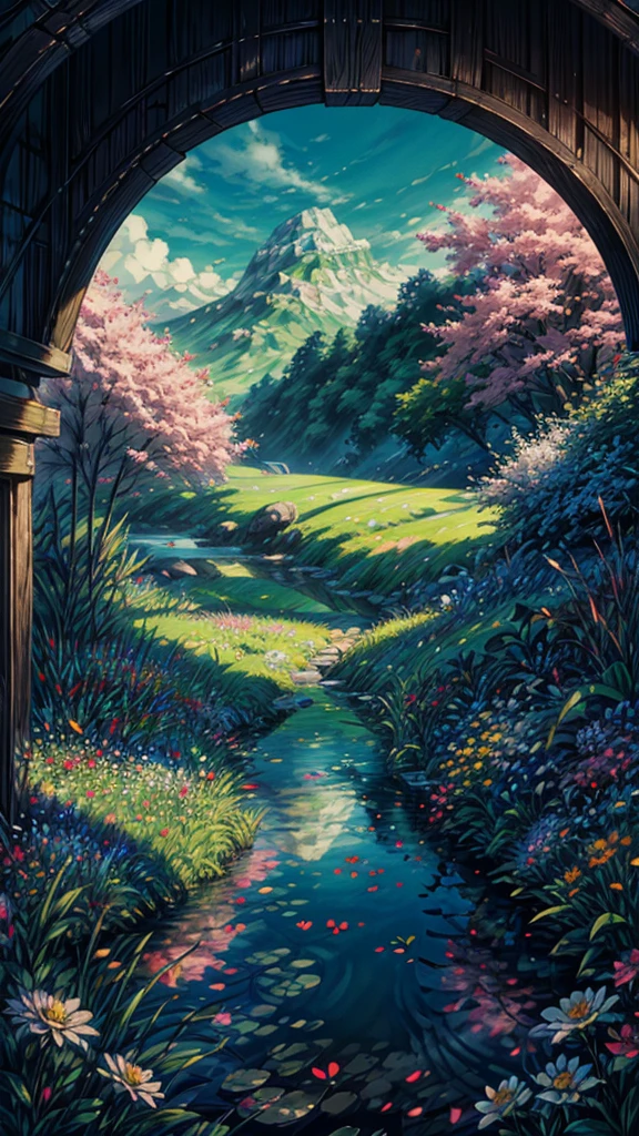 Masterpiece, summer scene, a few small colorful flowers in meadows, paradisiacal view, large fluffy white clouds against a bright blue sky, the weather is hot and vibrant, HD details with wet watermark, ultra-detailed and cinematic, surrealism infused, soft and inviting light casting deep field focus bokeh, ray tracing techniques bringing out the intricacies of each petal, and an overall sense of serene beauty in an ar9:16 aspect ratio.