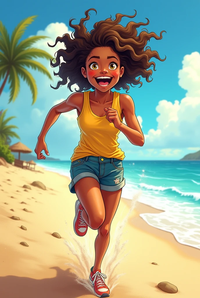 A young teenage girl with tanned skin, yellow eyes and curly frizzy hair running on the beach smiling happily, the sky is blue and the sun is very bright, I want vibrant and very eye-catching colors, comic book style.