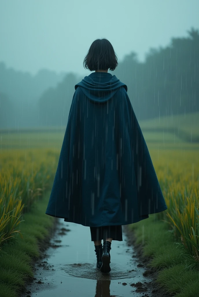 (Realistic) Realistic图像 (asian woman), (slim figure), (short hair), (White skin), (black eyes), Wearing a dark blue cloak, Walking in the pouring rain (serious face), (wear glasses), capture one (Kodachrome film style), have (grainy texture), Surrounded by picturesque scenery (in strong wind and rain，paddy) in dramatic, Atmospheric, bright colors, natural lighting, Emotional atmosphere.