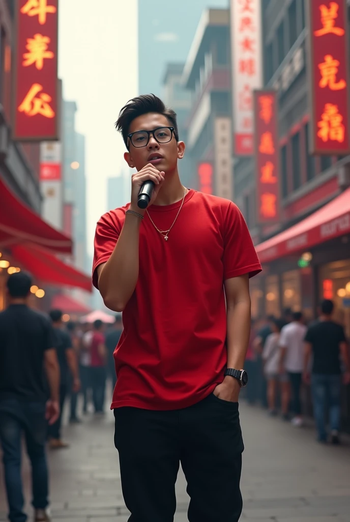 A cute rapper boy stand in Shanghai street wearing casual red shirt and black pant ,black glasses and holding mick in front of crowd ,look straight