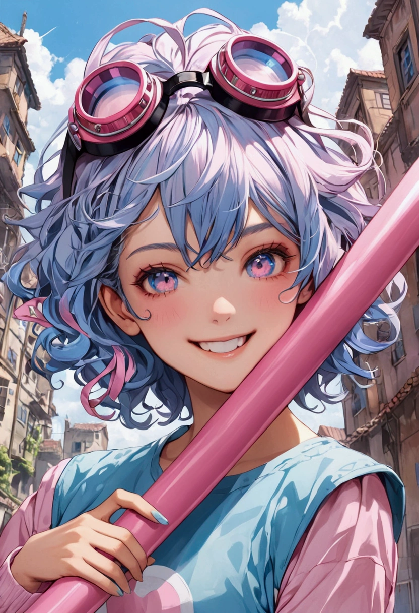 . One eye Is pink and one eye Is blue, the eye with color blue has a yellow star in it. Natrual Skin that is close to pink color. Cute face. Beautiful face. Slim body. Big chaos smile. Crazy. Short haircut. Curly hair that is dyed with pastel pink and pastel blue color. Pastel Pink and blue jacket. Long sleeves. She Is holding a oversized pink mallet with Ribbon around it to the air . There Is goggles on her head. Chaos smile. Smiling like a mad scientist but not evil