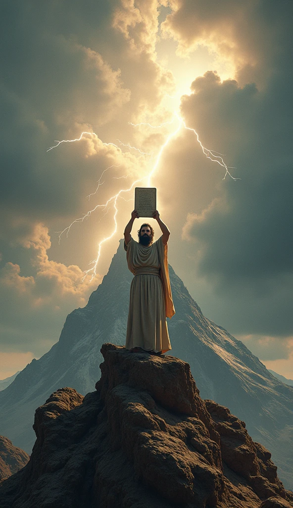 Moses on Mount Sinai Show Moses on top of Mount Sinai, holding the tablets of the Law with the laws written on them. The scenery must be majestic, with clouds and lightning, Indicating the Divine Presence. Moses must have an expression of concern and anger as he looks down..