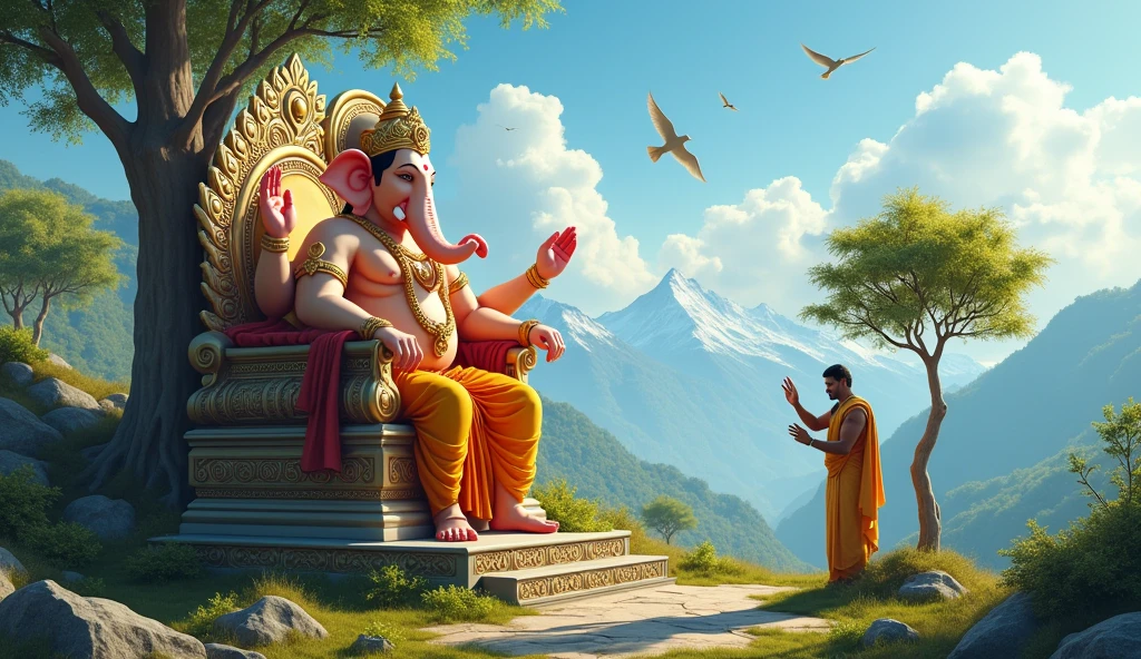 High quality ultra HD image of Lord Ganesha seating on sinhasan and blessing with his right hand to Indian Man who is planting tree. Natural background with mountains and birds.
