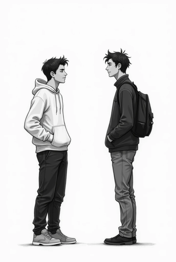  A simple black and white painting without color, a conversation between two young twenty-year-old boys who are just getting to know each other