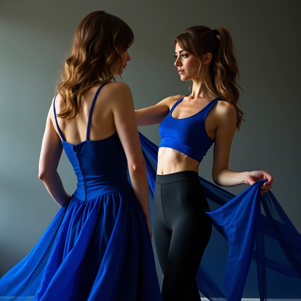 Hot taylor women dresses a girl, the taylor is clad in a tight black pair of leggings and a royal blue crop top. The women being dressed is in a flowing blue dress, her back is to the camera and she is looking over her shoulder￼