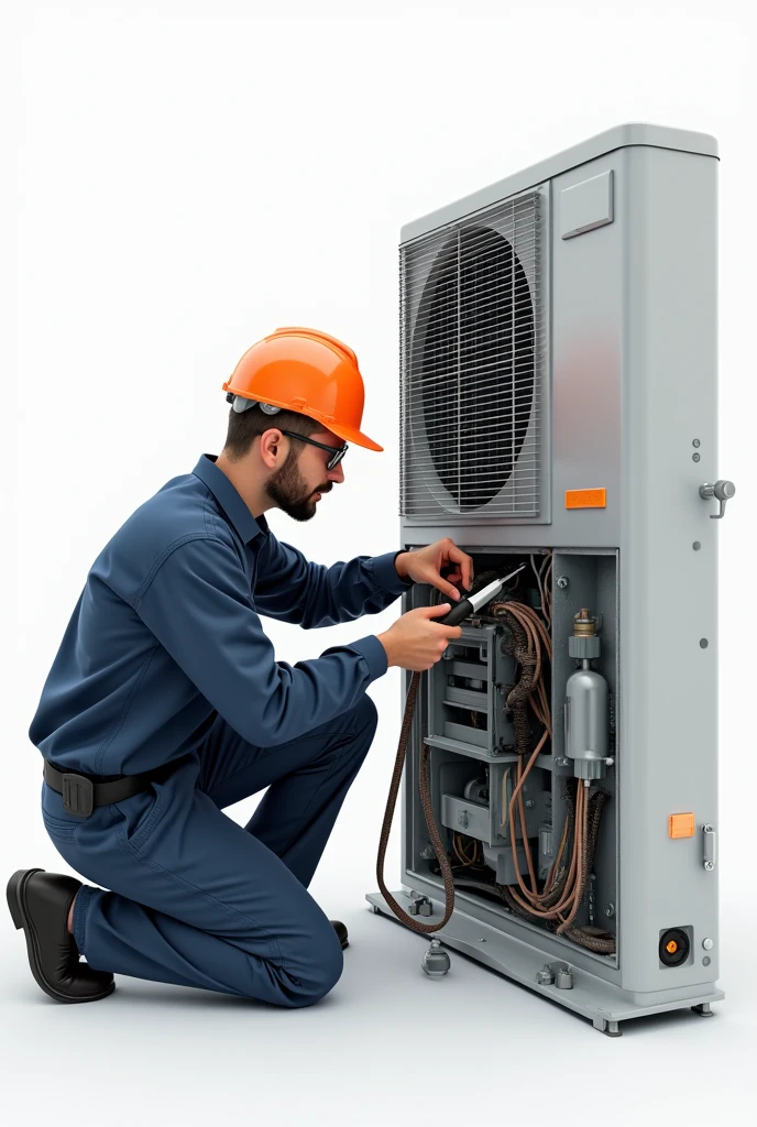 Air conditioner repairing with a worker standing in a white background