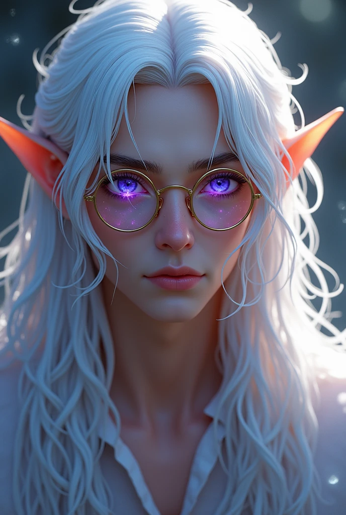 A very handsome divine man with long white hair and purple eyes, a young face, elf ears, round golden glasses