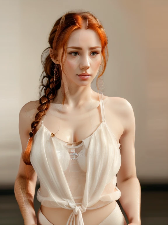 ((realistic skin texture, full body)), alluring caucasic woman:1.83 , minimalist transparent tank top casual outfit:1.2 , ((ginger tied up mid hair)), cute pose looking away, huge hooters, ((best quality, best quality, realistic:2.2 ), ((masterpiece)),(full head on frame)) brown hair, facing front , frontal to camera