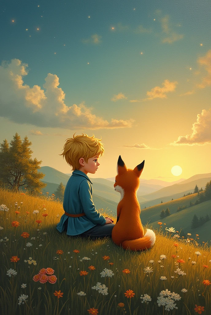 Painting of a and a fox there is a little blond boy sitting in the flowers with a fox, fox love fantasy, jen bartel, inspirado em Cyril Rolando, beeple e jeremiah ketner, bela arte uhd 4 k, in style of cyril rolando, cyril rolando and goro fujita, por Ryan Yee, Exquisite digital illustration, ethereal fox