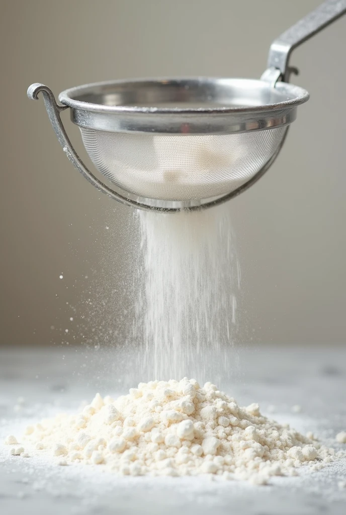 I want a perfect time photography picture of flour sieve from a steel siever, not very professional