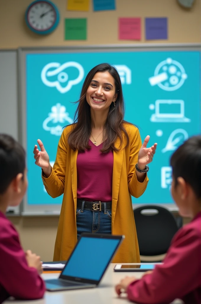 I want to create an image of an eastern pakistani beacon house school sytems female teacher, teaching AI to the students of class 8 with fun and laughter in a funny way but female students shouldn't wearing scarves