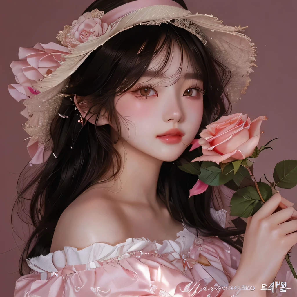 A close-up of a woman wearing a hat holding a rose, ulzzang, guweiz, aesthetic portrait, beautiful delicate face, rosy cheeks, guweiz style artwork, Kawaii realistic portrait, 🤤 girl portrait, South Korean popular makeup, with straw hat, with a cute face - fine, Young adorable korean face, Jinyoung Shin, Thesis Linda, wonyoung ive