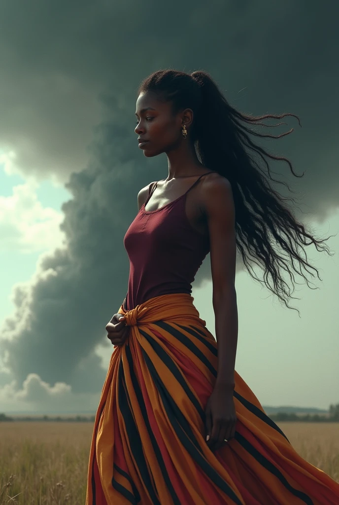 African woman with 9-color striped skirt, burgundy blouse, ponytail in hand and tornado in background