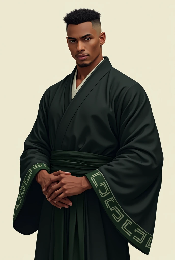 A light-skinned black man, gradient haircut, with hands behind her back in a black Japanese robe with green details with wide shoulders