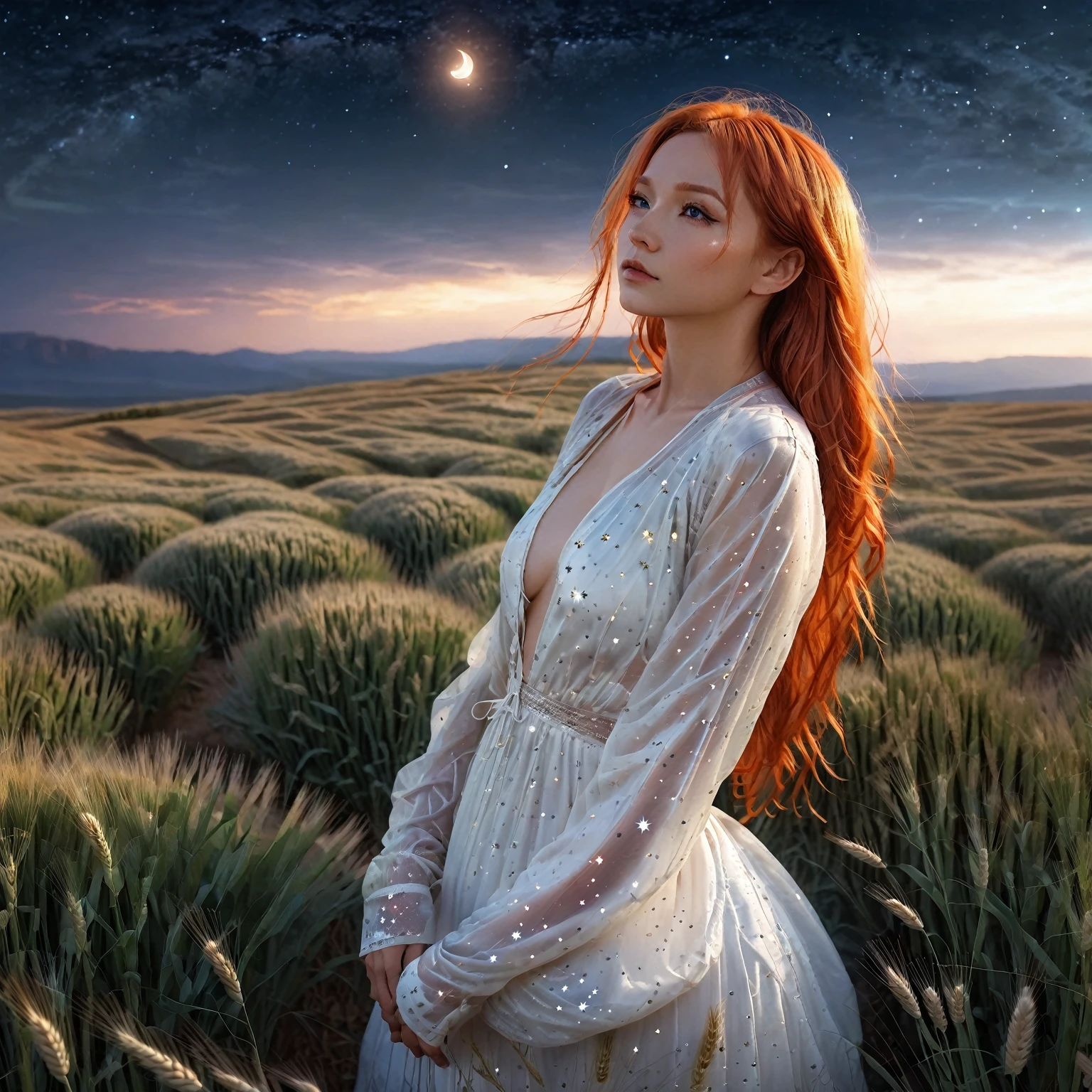 1 girl, alone, long orange hair, standing looking at the sky, revealing white dress, tight dress, starry night, night with northern lights, on a wheat background, sexy body. sensual. shy pose, embarrassed, embarrassed face, a lot of wind, air.(general theme: (sci fi movie)),(multiple themes)(complex details)(very high quality,4k,8K,high resolution,masterpiece:1.2) , ultra detailed, Realistic, photoRealistic:1.37, hdr, HD, studio lighting, extreme detailed description, Professional, vivid colors, best quality, Realistic, higres, masterpiece:1.2), an attractive woman (2) ,(dyed orange hair)), flowery desert[sci-fi|fantasy], she is looking at the night sky, full body tempting body, amazing, full body, full body, show her off head to toe translucent outfit.