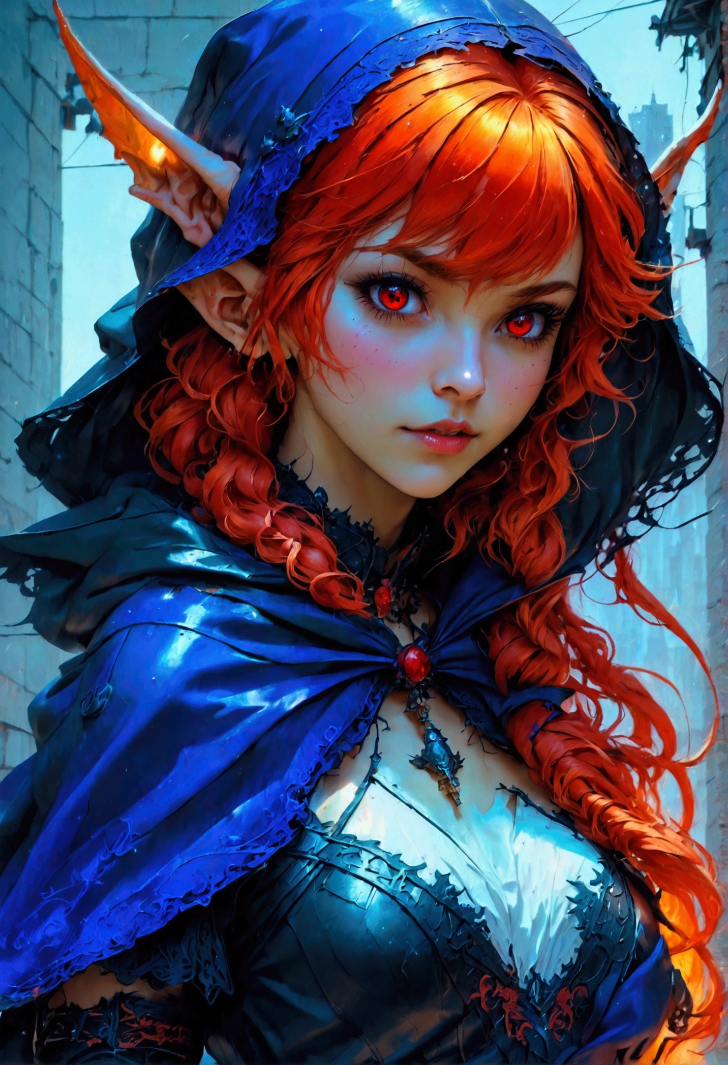 anime comic illustration fantasy art, gothic art, portrait of a female vampire elf, casting dark spell, with a long curvy hair, light color hair, red eyes, busty, Ultra Detailed Face, small pointed ears, blue cloak,  flowing cloak, wearing an intricate black leather dress,  high heeled boots, fantasy urban background, fantasy, at night light, natural ,moon light, clouds, gothic atmosphere, soft light, dynamic light,  high details, best quality, 32k, [ultra detailed], masterpiece, best quality, (extremely detailed), dynamic angle, oil pastel