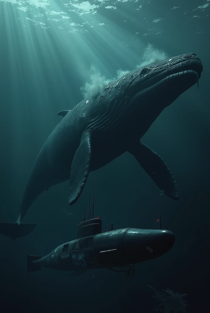 Whale in the depths of the sea with detailed submarine approaching it, The submarine is trying to escape to defend itself. It is damaged.