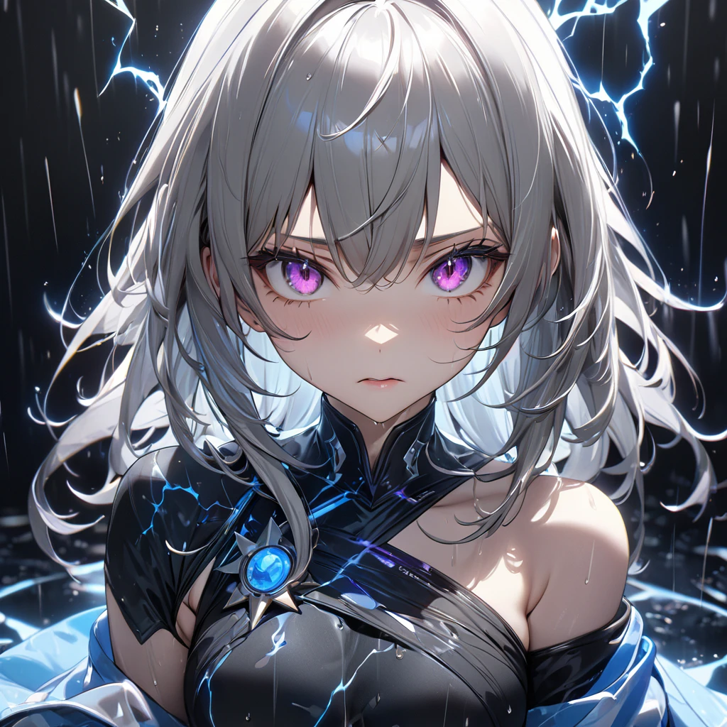 最high quality, wonderful_delicate, wonderful delicate eyes, Super detailed, beautiful, 8k , One person女の子, Red eyes, evil, Facial Contour,(Absurd, High resolution, Super detailed), masterpiece, The perfect solution, wonderfulディテール, Super Detailed, Ocean、深Ocean、darkness、Blue plants、Cinema Lighting, Ray Tracing, Depth of written boundary, Cinema Lighting, Ray Tracing, 超High resolution, Attention to detail, 最high quality, High resolution, high quality, Awards, Super Detail, masterpiece, 8k, 超High resolution, Attention to detail, 最high quality, High resolution, high quality, Awards, Super Detail, masterpiece, 8k, Digital Art, Anime Coloring、,One person,Blue lighting,Blue electricity,Electricity is wrapped around my whole body,black_background,rain,Gray Hair, Purple eyes