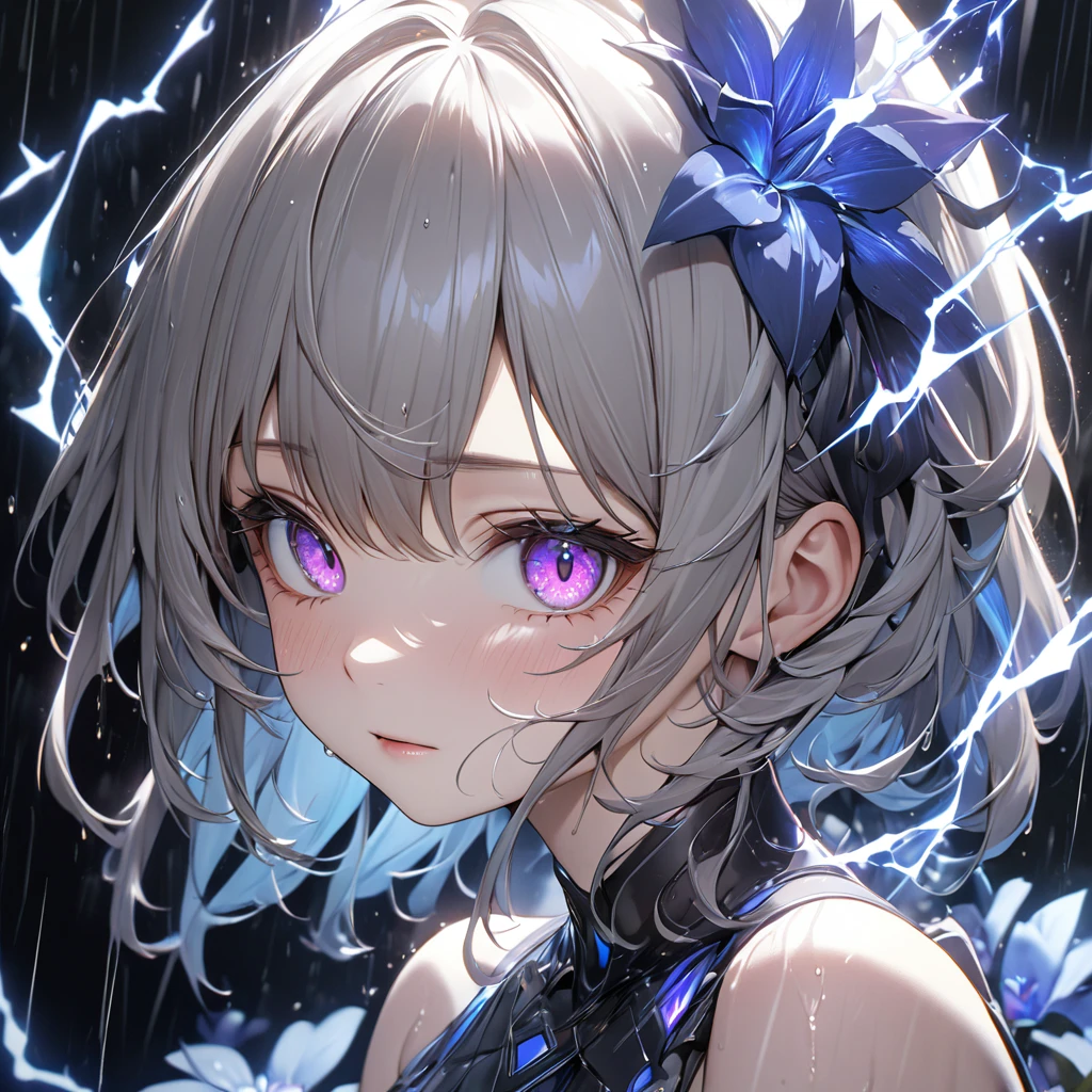 最high quality, wonderful_delicate, wonderful delicate eyes, Super detailed, beautiful, 8k , One person女の子, Red eyes, evil, Facial Contour,(Absurd, High resolution, Super detailed), masterpiece, The perfect solution, wonderfulディテール, Super Detailed, Ocean、深Ocean、darkness、Blue plants、Cinema Lighting, Ray Tracing, Depth of written boundary, Cinema Lighting, Ray Tracing, 超High resolution, Attention to detail, 最high quality, High resolution, high quality, Awards, Super Detail, masterpiece, 8k, 超High resolution, Attention to detail, 最high quality, High resolution, high quality, Awards, Super Detail, masterpiece, 8k, Digital Art, Anime Coloring、,One person,Blue lighting,Blue electricity,Electricity is wrapped around my whole body,black_background,rain,Gray Hair, Purple eyes