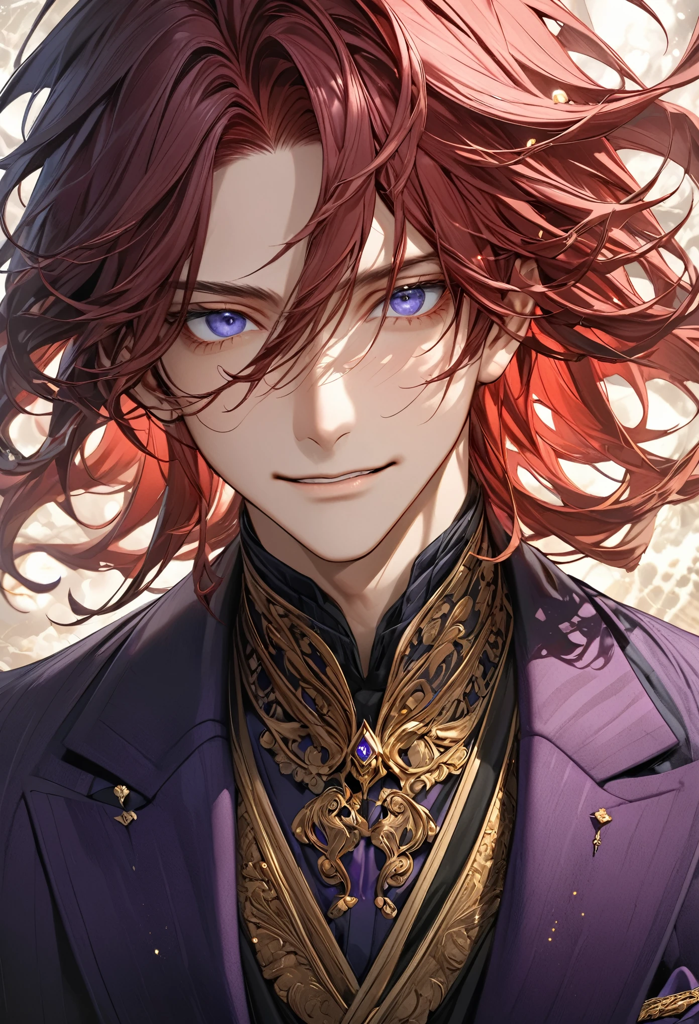 A highly detailed ultrarealistic anime -style portrait of a young man with an intense and enigmatic appearance, styled with a touch of comic novel. He has long, shoulder-length, wavy red hair, with each strand meticulously textured to capture movement and depth. His dark blue eyes are piercing and expressive, conveying a kind, almost naive expression with a subtle, calculating smile. He wears an elegant suit in deep purple tones with subtle golden accents, meticulously designed to reflect the richness of the fabric, blending the richness of ultrarealistic anime with the subtle stylization of comic novels. The background is softly illuminated, highlighting the character and creating an ethereal aura around him. The lighting emphasizes the contours of his face and attire, perfectly combining realism and narrative stylization.