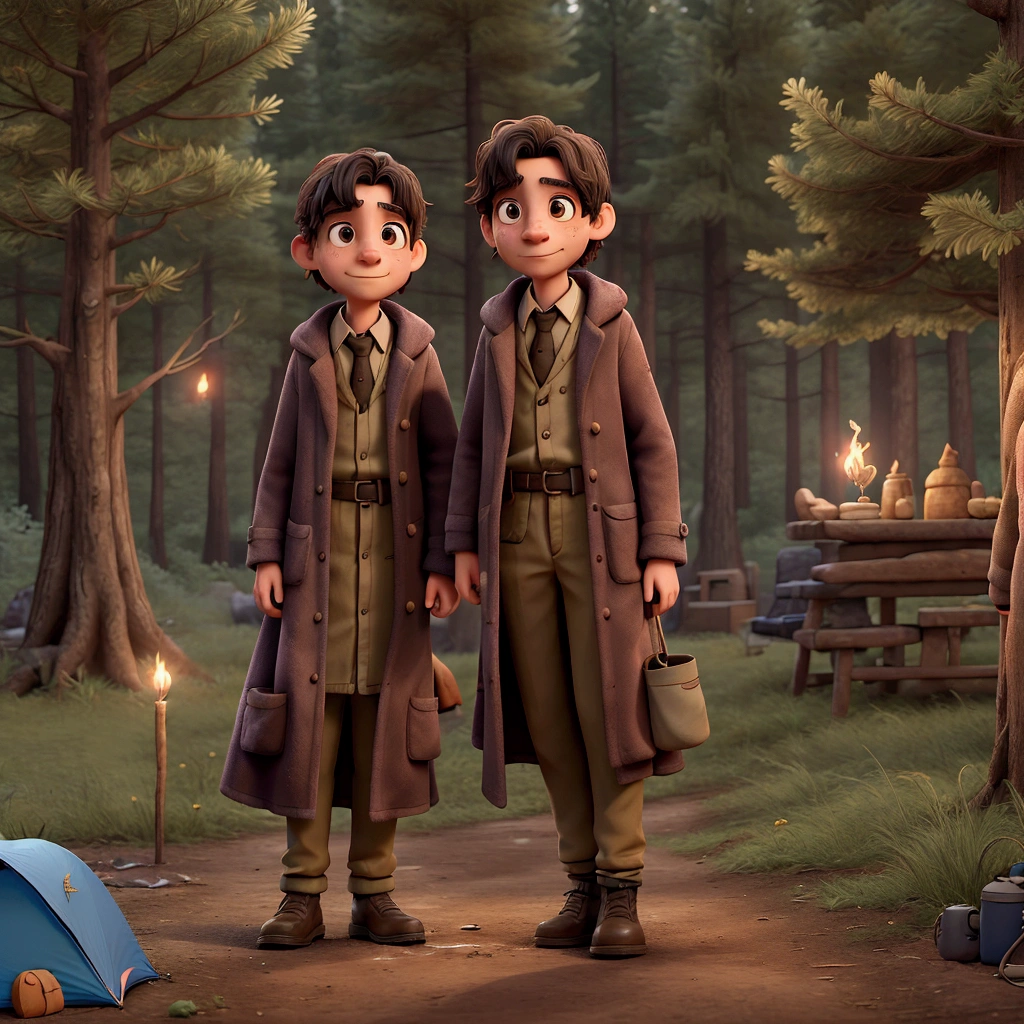 2 young wizards, wearing dirty and wrinkled overcoats they were testing new spells in the forest near the cabin they were camping in at dusk.